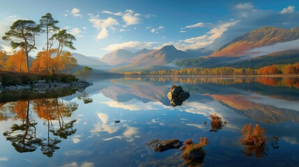 Tranquil lake with mirror reflections of mountains, trees, and clouds during sunrise.