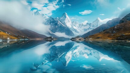 Majestic mountain landscape with crystal clear lake reflections, serene sky, and misty ambiance.