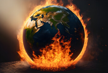 Brurning World from Temperture Rising with Fire at Bottom, Depiction of Climate Change and Environmental Issues - obrazy, fototapety, plakaty