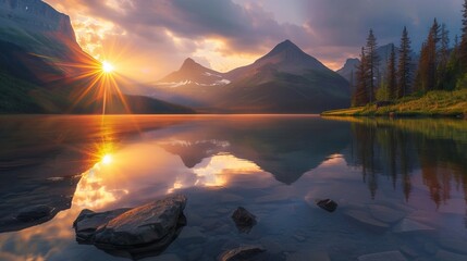 Sunset over a serene mountain lake with reflections and vibrant colors. - obrazy, fototapety, plakaty