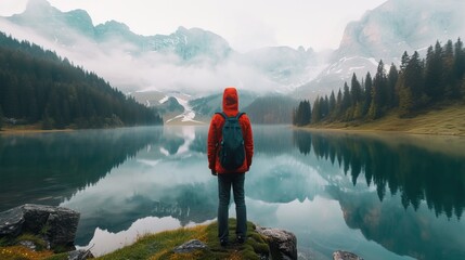 Traveler with red hat standing before a serene mountain lake with misty peaks in the background.