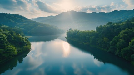 Serene sunrise over a tranquil mountain lake with reflections of hills and forest in the water.
