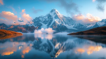 Fototapeta na wymiar Majestic mountain reflected in a serene lake at sunrise with clouds and clear blue sky.