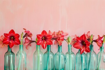 Red amaryllis flower with row of repurposed bottles painted in a teal gradient on pale pink background.