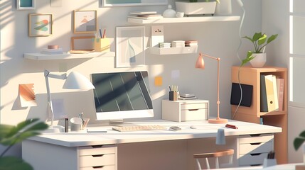 an AI-generated visual masterpiece representing a thoughtfully designed creative workspace, with attention to detail on the desk setup and a generous blank canvas for creative copy