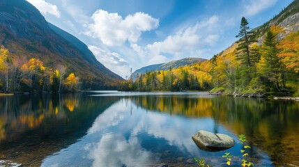 Serene autumn landscape with a reflective lake, surrounded by colorful fall foliage and mountains under a clear blue sky.