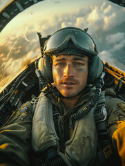 Naklejka premium Portrait of handsome young pilot in the cockpit of fighter jet