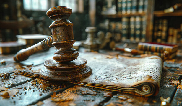 Open law book with wooden judges gavel on table in courtroom or law enforcement office