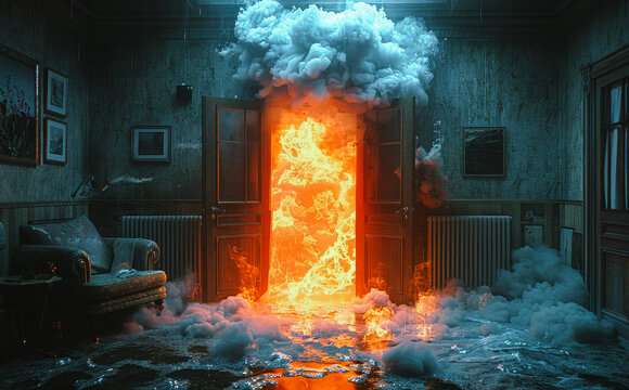 Fire is engulfing doorway and cloud of smoke is coming out of the doorway
