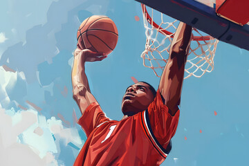 Dynamische Action: Basketball Spieler beim Sprungwurf - obrazy, fototapety, plakaty