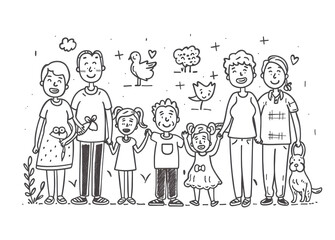 family with children, parents, and grandparents in black and white vector line art style