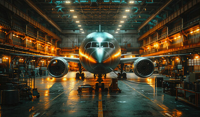 Large passenger airplane on maintenance of engine and fuselage repair in airport hangar. Aircraft with open hood on the nose