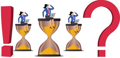 A countdown, a set amount of time to make a decision or solve a problem, and an isometric tangle of businesswomen sitting on an hourglass between a question mark and an exclamation point