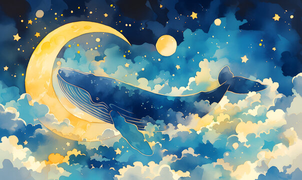 Whale floating on night sky watercolor art , Generative AI 