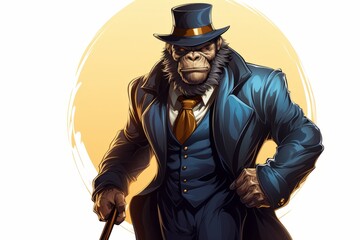 A monkey dressed in a sophisticated suit and top hat is elegantly holding a cane. The primate exudes charm and grace, showcasing a unique and playful blend of animal and human attributes
