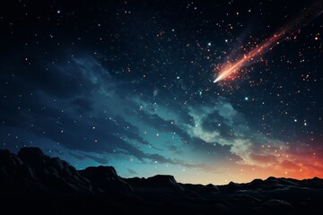 A dynamic night sky filled with stars and a shooting star streaking across, leaving a glowing trail behind. The shooting star stands out against the backdrop of twinkling stars - obrazy, fototapety, plakaty