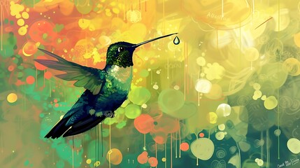 an AI-generated visual of a charming hummingbird in green hues, with a single drop of water, set against a cute and colorful background
