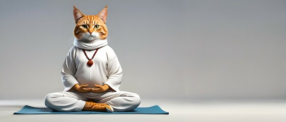 A human cat sitting in yoga mediation pose on a plain background - obrazy, fototapety, plakaty