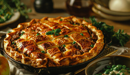 Homemade meat pie with green peas and mushrooms in cast iron skillet - obrazy, fototapety, plakaty