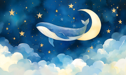 Obraz na płótnie Canvas Whale floating on night sky watercolor art , Generative AI 