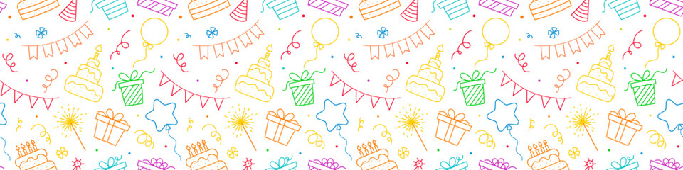 Happy birthday seamless pattern on white background. Cute birthday doodle pattern with colorful elements. Horizontal vector pattern