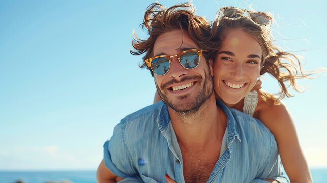 a man is giving a woman a piggyback ride on the beach
