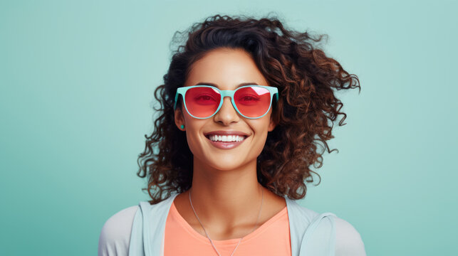 Joyful woman with curly hair wearing stylish red sunglasses, radiating happiness and confidence.