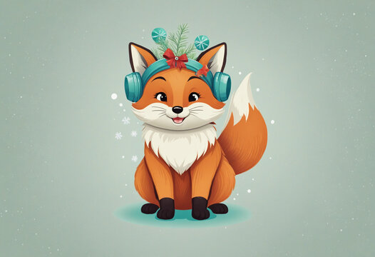 fox wearing earmuffs wrapped gifts vintage illustration isolated on a transparent background