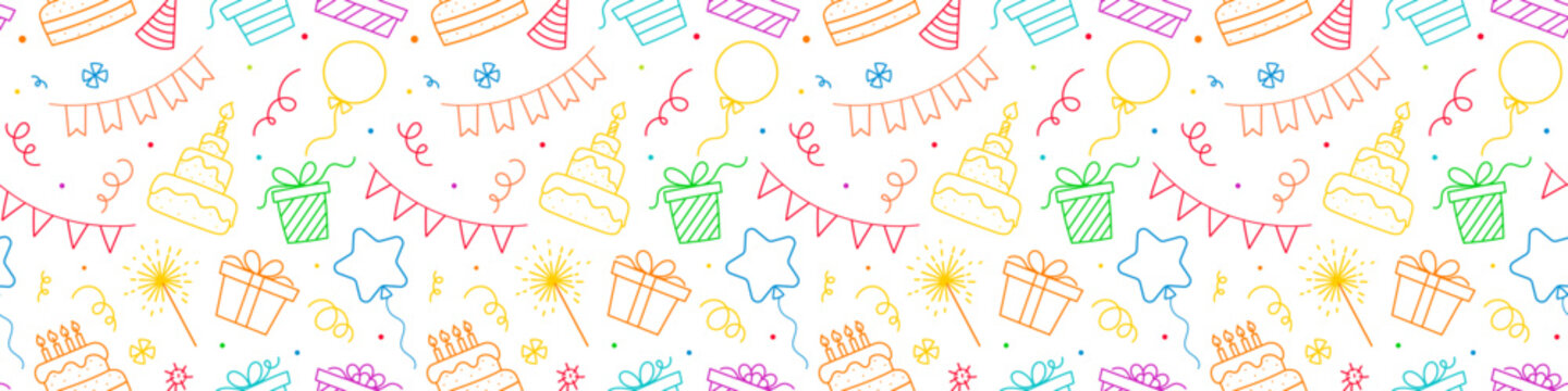 Happy birthday seamless pattern on white background. Cute birthday doodle pattern with colorful elements. Horizontal vector pattern
