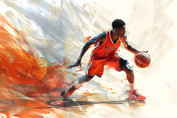 Dynamische Action: Basketball Spieler beim Sprungwurf - obrazy, fototapety, plakaty