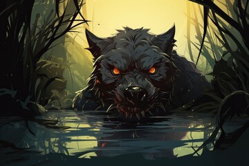 A painting depicting a wolf swimming through deep, dark waters. The wolfs intense gaze and powerful strokes convey a sense of determination and strength as it navigates the murky depths
