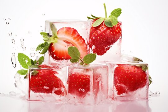 a group of strawberries in ice cubes
