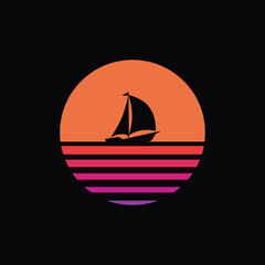 sailboat silhouette on sunset logo vector, simple flat design illustration