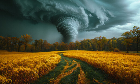 Tornado is seen in the distance above field of golden crops.