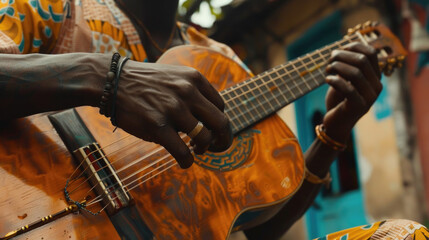 Close-up view of a guitarists hands skillfully strumming the strings of a wooden guitar