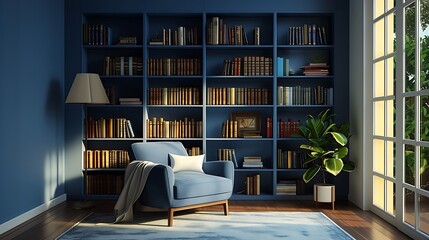 an image capturing the essence of a blue Scandinavian-style home library, featuring a thoughtfully arranged bookshelf and a cozy armchair in a contemporary room