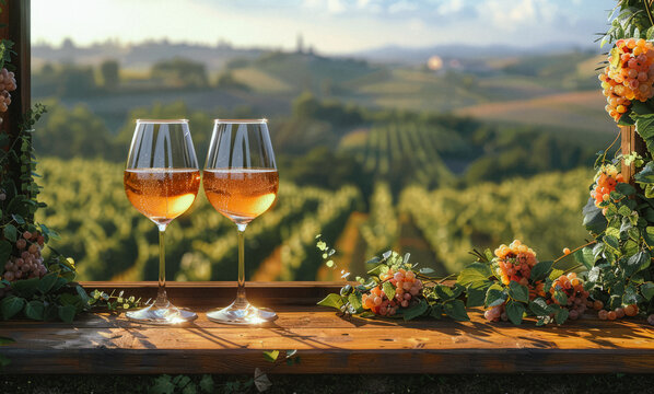 Two glasses of rose wine in front of vineyard panorama in Tuscany Italy