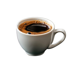 Freshly brewed coffee in white ceramic cups from top view isolated on transparent background PNG. Studio photography with copy space. Coffee shop concept design for menu, poster, and advertisement.