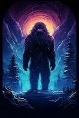 A large bigfoot creature is standing in the middle of a dense forest, surrounded by tall trees and greenery. The creature appears to be observing its surroundings with curiosity