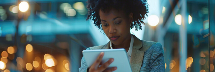 African American woman focused on a tablet computer screen, engrossed in content displayed on the device - obrazy, fototapety, plakaty
