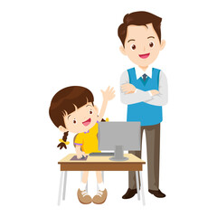 happy teacher and student learning computer