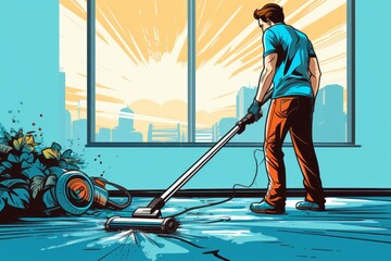 A man is actively cleaning the floor with a mop in a room. He is focused on removing dirt and grime from the surface. The mans movements are deliberate and thorough - obrazy, fototapety, plakaty