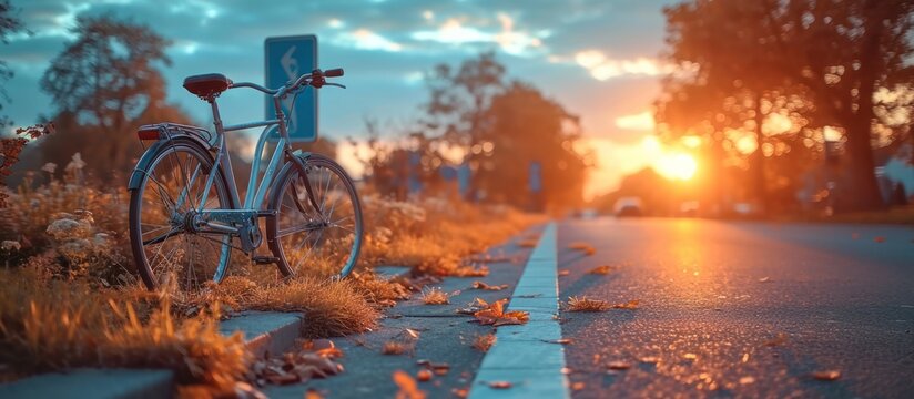 The traffic sign depicts a white bicycle on a blue square iron board with a rising sun in the background