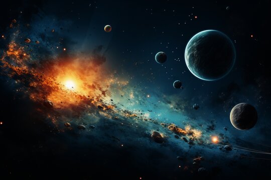 This space scene depicts a planetary system with multiple planets orbiting a central star. Stars are scattered throughout the background, creating a vast and expansive cosmic landscape