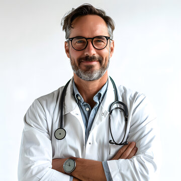 A doctor in glasses and a dress shirt, arms crossed, stethoscope around neck
