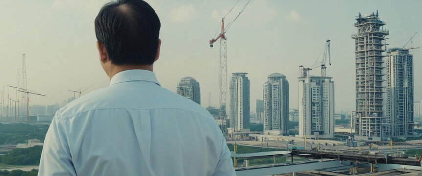 rear view of professional engineer manager standing concentrate focus multi exposure with building construction industry background construstion engineer concept