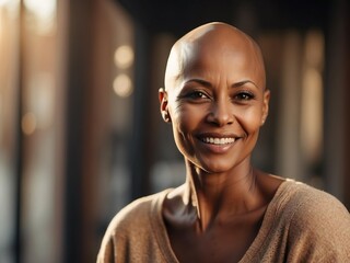 Happy attractive charming implemented middle-aged dark-skinned woman with a bald head and alopecia disease looks and smiles. Sincere positive emotions. Wellbeing, self care, emotional support. 