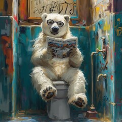 Polar bear sitting on toilet reading newspaper in graffiti bathroom