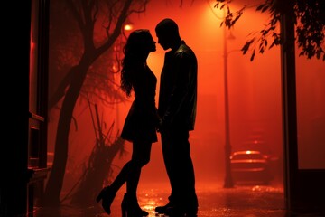 Silhouette Romantic couple lovers hug and kiss at colorful sunset on background.