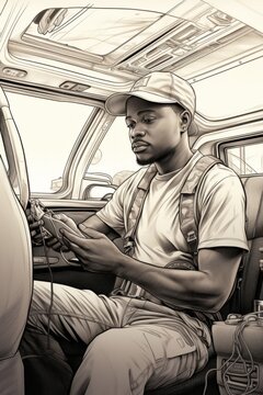 An ink illustration of a man seated in the drivers seat of a car, possibly a worker detailing the cars interior. The drawing captures the figure in a realistic style, with attention to detail